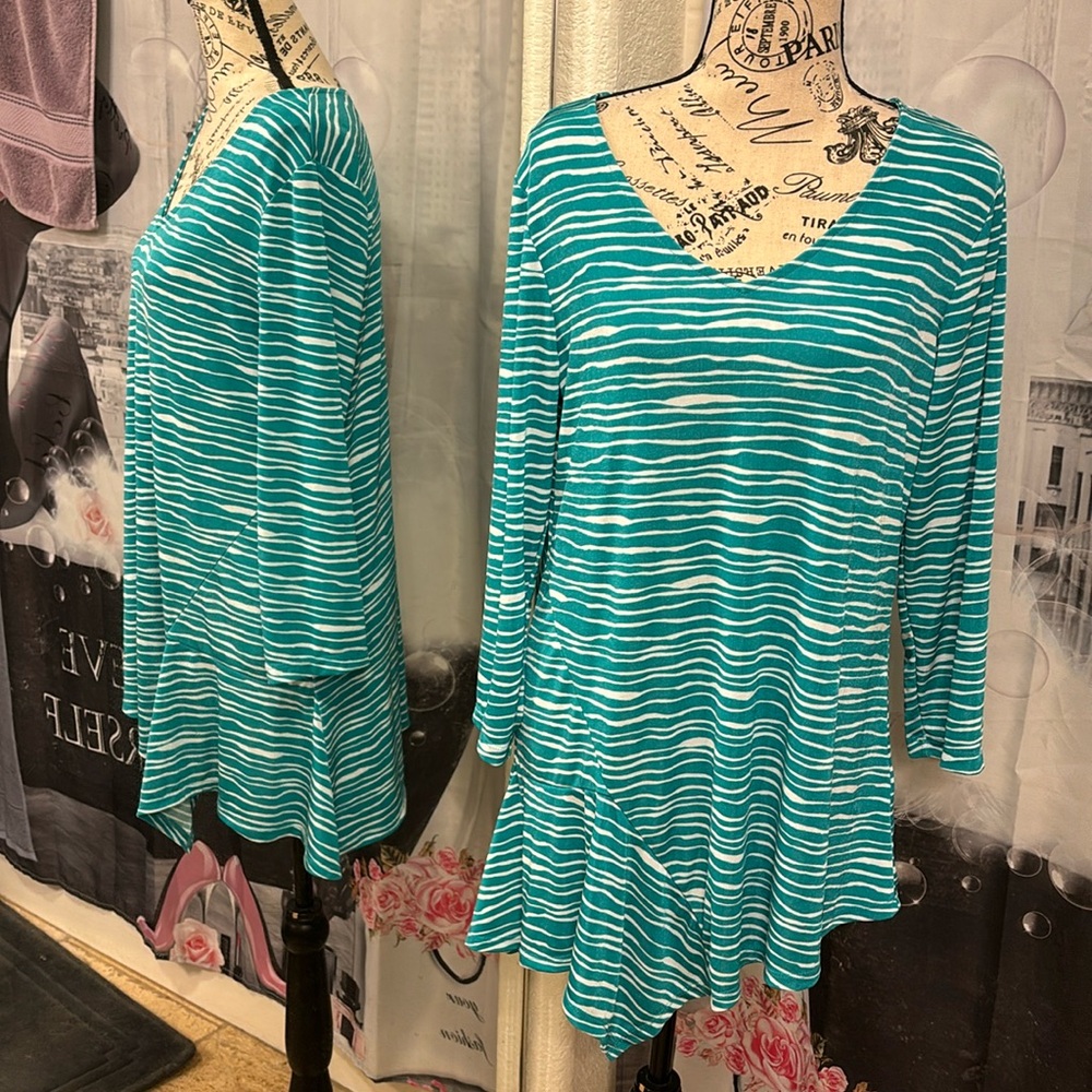 Susan Graver Aguamarine and White Striped Tunic Blouse